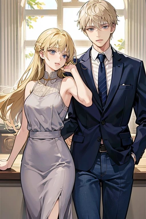 man and woman, couple, the guy is blonde hair, The woman is gray hair, man wearing suit, woman wearing tank top and short jean, Couple Pose,