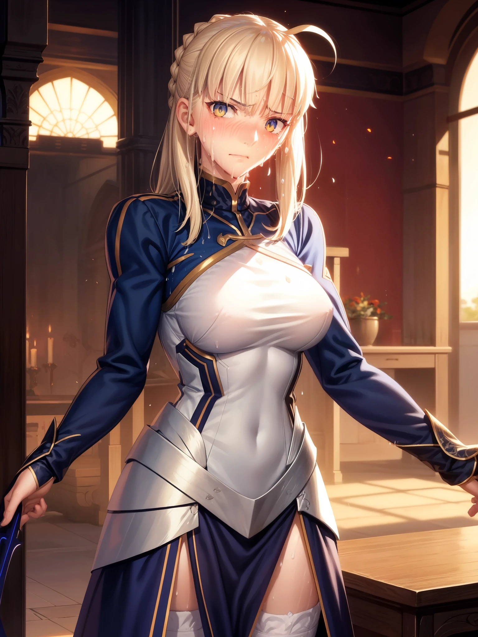 1girl, solo, Artoria Alter (Lancer), Fate GO, masterpiece, beautiful, extremely detailed face, mature, blonde hair, detailed yellow eyes, bangs, hair between eyes, looking at viewer, half open eyes, cold stare, unamused mouth, (sweat:1.7), (sweay skin:1.7), big breasts, black virgin killer sweater, black long stockings, living room, low camera angle, shadows playing on abs, detailed illustration, amazing shading, intricate detail, (depth of field, bokeh:0.8), niji, soft lighting, sunset