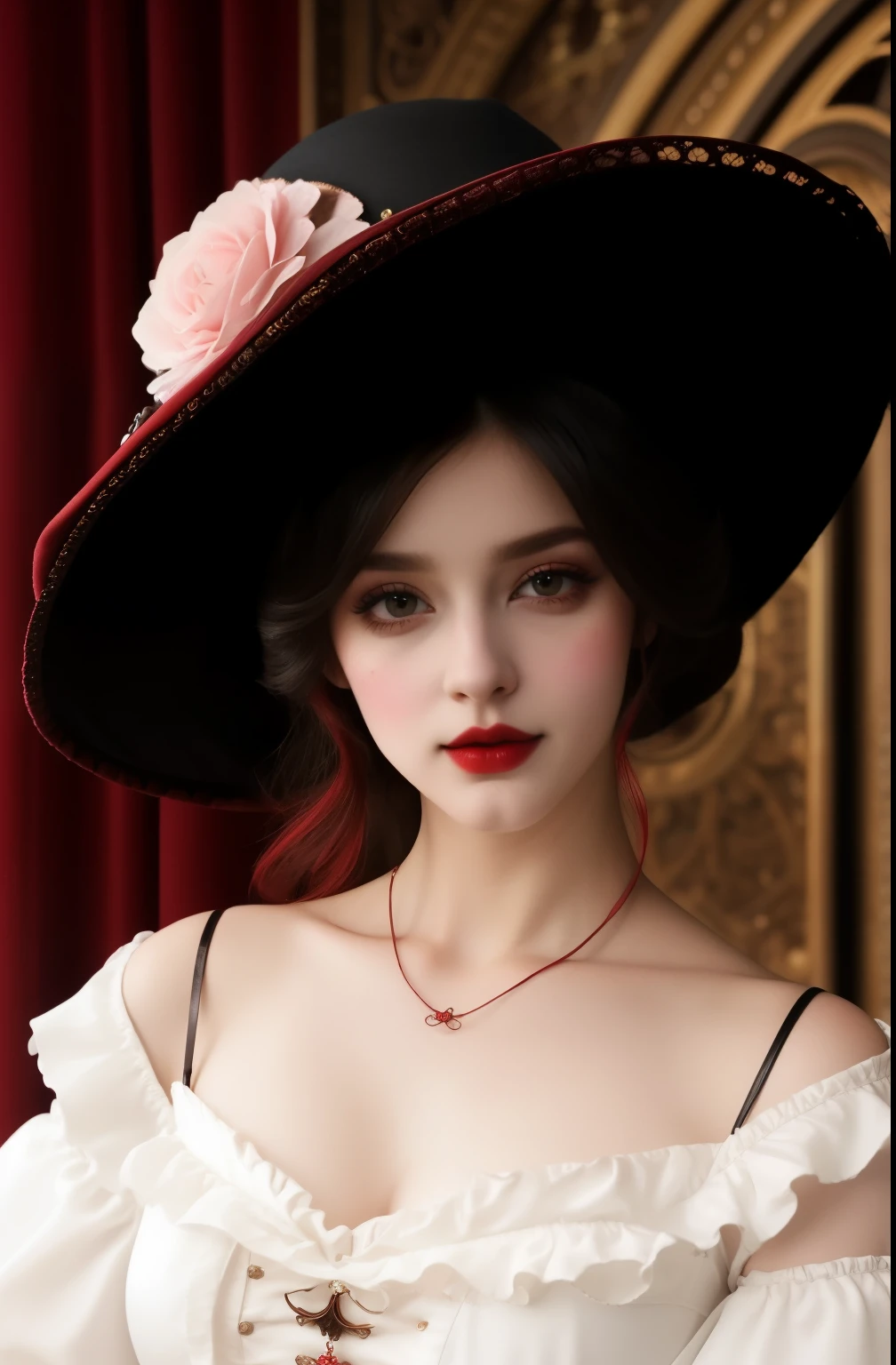Rosto perfeito, corpo perfeito, olhos azuis, glamouroso, lindo, delicado, romantic, mulher elisabetana, steampunk gothic romanticism, Harrison Fisher dark twist style, anime, zoom, cabelo curto com cabelos longos, (delineador grosso), (sombra), (Red lips), blush