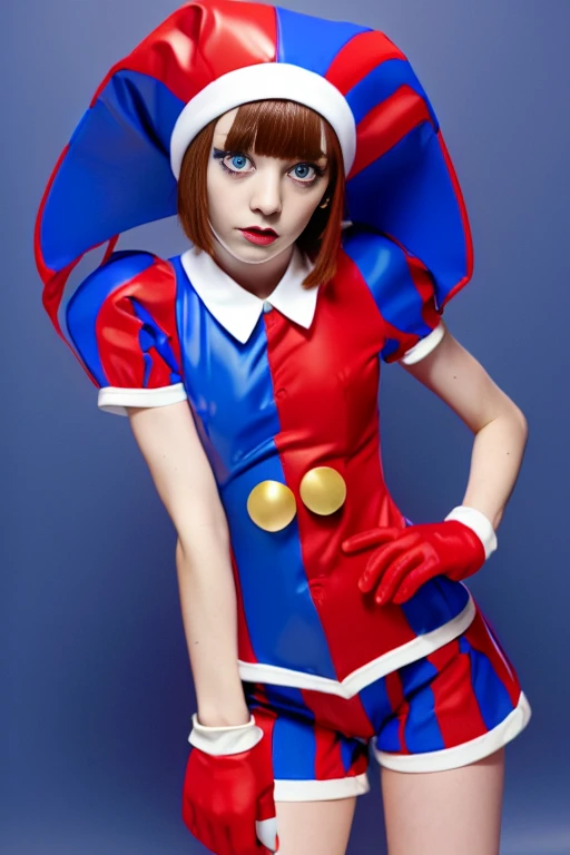 Remember, One girl, ((Red and blue clown costume)), Red and blue jester hat, Puff short sleeves, ((red and blue gloves)), button, Skin of color, ((Symbol-shaped pupil, Red and blue eyes)), ((Red and blue shoes)), Brush Sticker, Brown Hair, Bobcut, Blunt bangs, Skin of color, White skin, Perfect Anatomy, alone