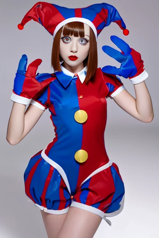 Remember, One girl, ((Red and blue clown costume)), Red and blue jester hat, Puff short sleeves, ((red and blue gloves)), button, Skin of color, ((Symbol-shaped pupil, Red and blue eyes)), ((Red and blue shoes)), Brush Sticker, Brown Hair, Bobcut, Blunt bangs, Skin of color, White skin, Perfect Anatomy, alone