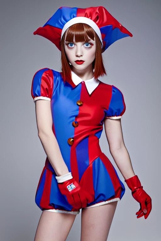 Remember, One girl, ((Red and blue clown costume)), Red and blue jester hat, Puff short sleeves, ((red and blue gloves)), button, Skin of color, ((Symbol-shaped pupil, Red and blue eyes)), ((Red and blue shoes)), Brush Sticker, Brown Hair, Bobcut, Blunt bangs, Skin of color, White skin, Perfect Anatomy, alone