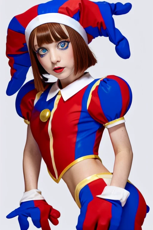 Remember, One girl, ((Red and blue clown costume)), Red and blue jester hat, Puff short sleeves, ((red and blue gloves)), button, Skin of color, ((Symbol-shaped pupil, Red and blue eyes)), ((Red and blue shoes)), Brush Sticker, Brown Hair, Bobcut, Blunt bangs, Skin of color, White skin, Perfect Anatomy, alone