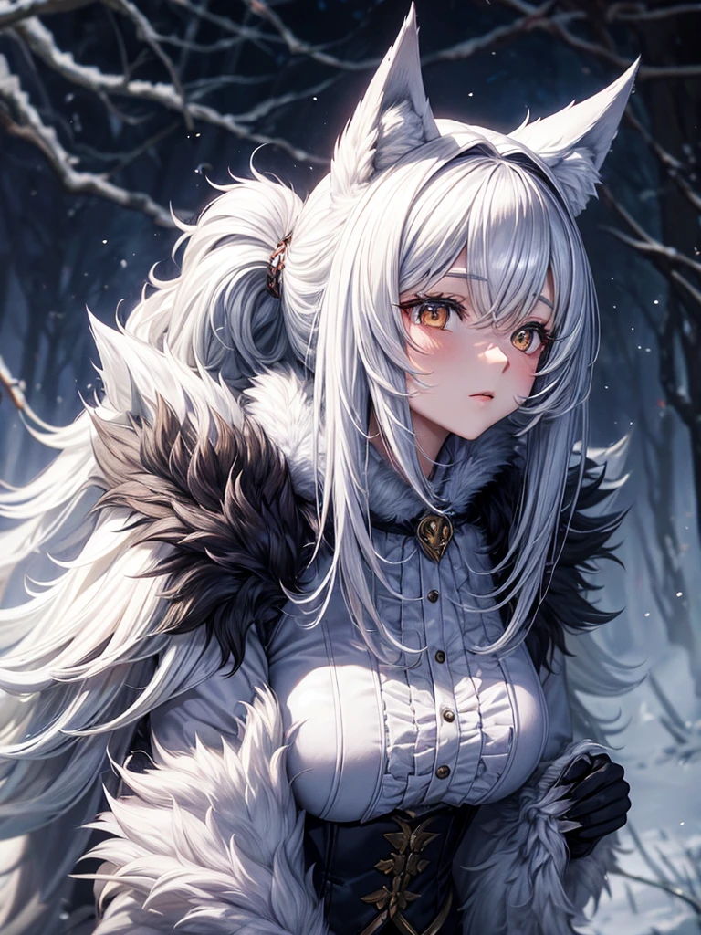 Beastman Girl、Silvery coat、The whole body is covered with hair、Wolf Ears、Wolf&#39;s paws、Bushy Wolf Tail、Big golden eyes、Double teeth、Laugh fearlessly、Close-up、View your viewers、Rocky Mountain