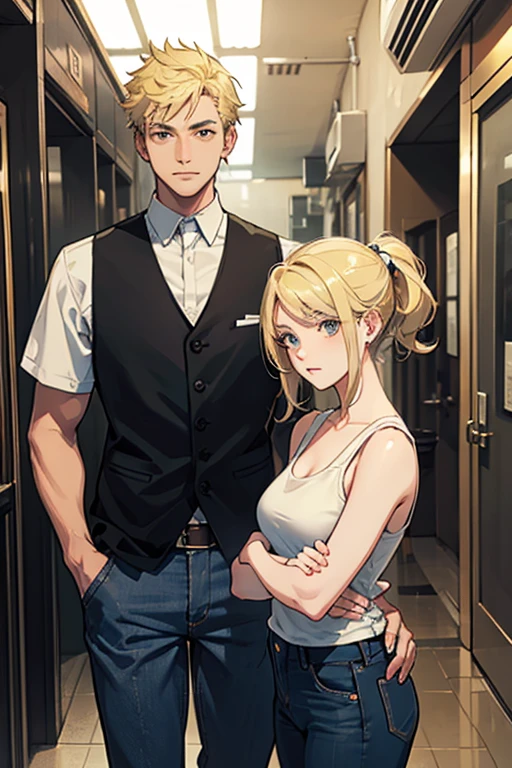 man and woman, couple, the guy is blonde hair, The woman is gray hair, man wearing suit, woman wearing tank top and short jean, Couple Pose,