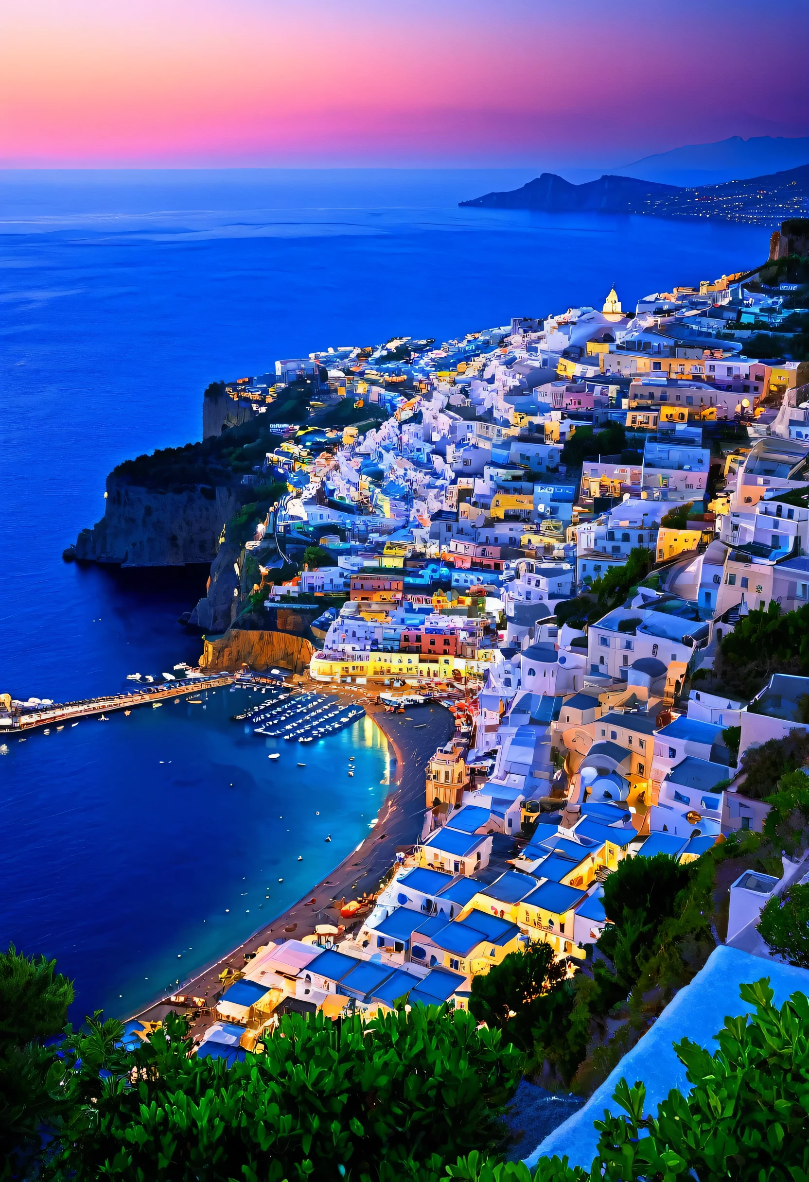 Alafed view of the town with church and water area, italian Mediterranean city, Italy, Mediterranean city, Naples, Mediterranean island scenery, Very beautiful, Capri Coast, fantasy Italy, gulf of Naples, Beautiful high resolution, Mediterranean vista, Great images, Shutterstock, Santorini, Southern European landscape, trend, Very beautiful, Night setting, Mediterranean