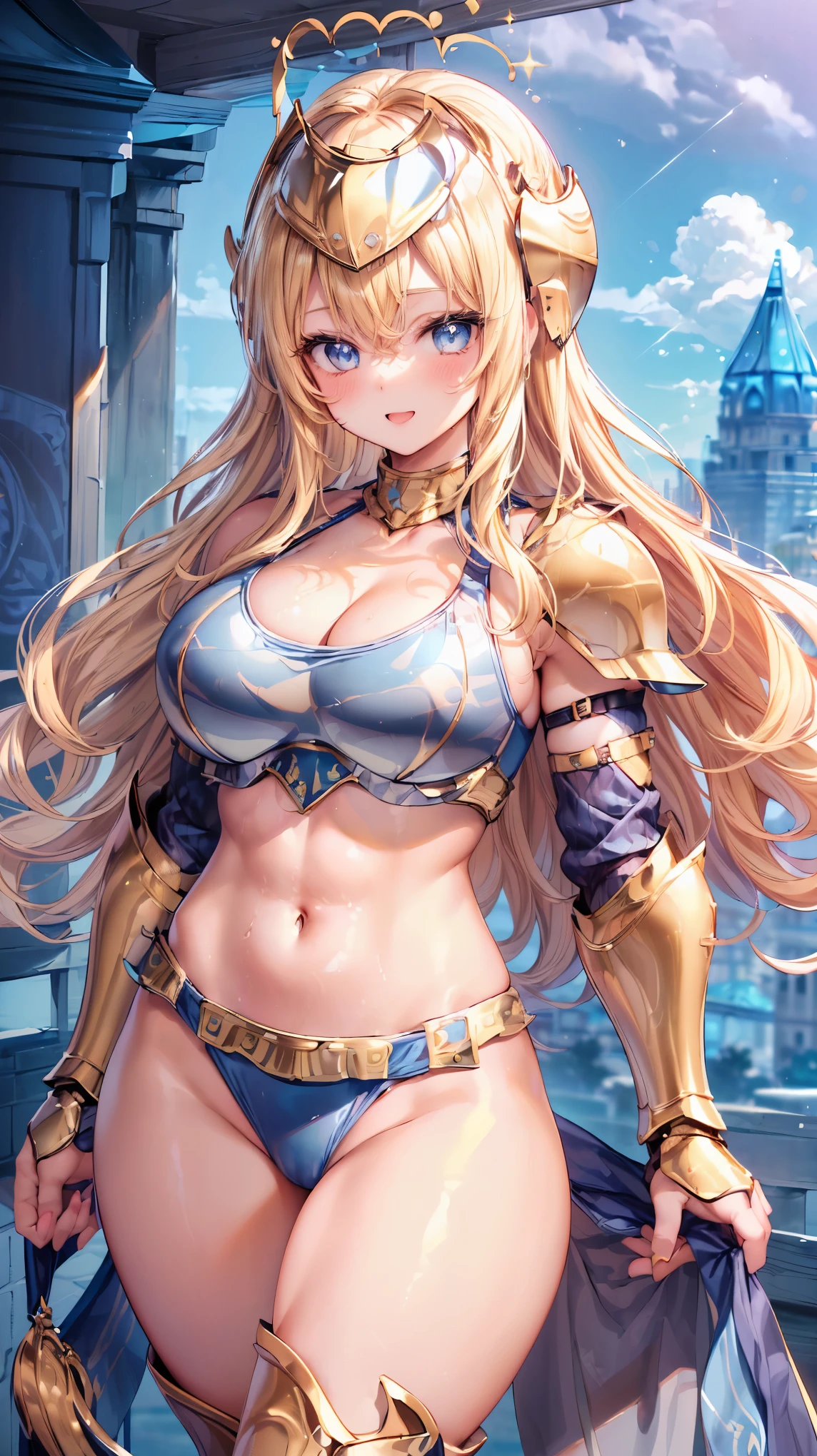 Very detailed、highest quality、Best image quality、masterpiece、8k、Anime Face、A kind smile、Open your mouth、Sparkling blue eyes、(Blonde wavy hair:1.5)、、Muscles of the whole body、camisole、Thigh belt、mini skirt、(Wearing gold bikini armor:1.5)、(Cowboy Shot:1.5)、(Leg armor:1.5)、(Wearing a helmet:1.5)