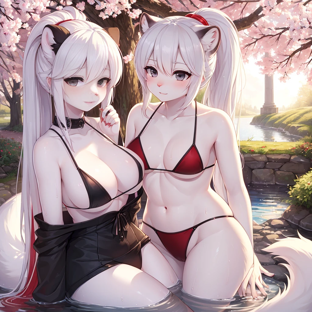 ((best quality, Masterpiece, perfect anatomy, Detailed pictures)), furry, 1 woman, arctic ferret, sexy, long white hair, ponytail, gray eyes, Shit shy, ferret tail, black bikini, red red, shy, in the cherry tree, wet, Bust 82, Waist 56, Thigh 83