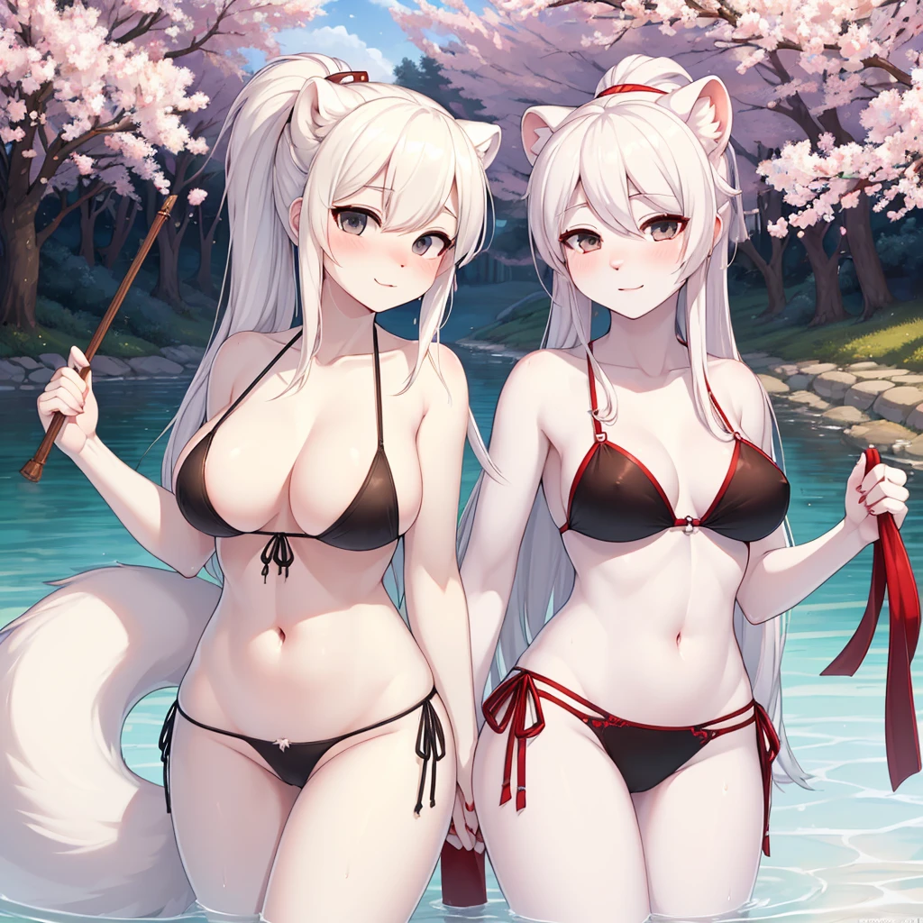 ((best quality, Masterpiece, perfect anatomy, Detailed pictures)), furry, 1 woman, arctic ferret, sexy, long white hair, ponytail, gray eyes, Shit shy, ferret tail, black bikini, red red, shy, in the cherry tree, wet, Bust 82, Waist 56, Thigh 83