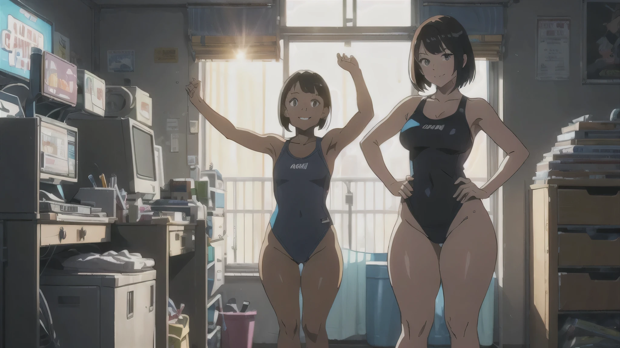 The Wind of Sincerity, anime, after the rain, Moving visual effects, Natural glare. Cute Woman, (((Thick thighs)))、A 20-year-old with a gentle face,Exposed female genitalia, ,The crotch is exposed,Tanned girl in a swimsuit、short hair,Baby Face,Look at the viewer and smile、,Put your arms behind your back. Cyberpunk style cluttered room. more neon. Many machines with unknown uses. Large windows with an open feel. It's sunny outside.