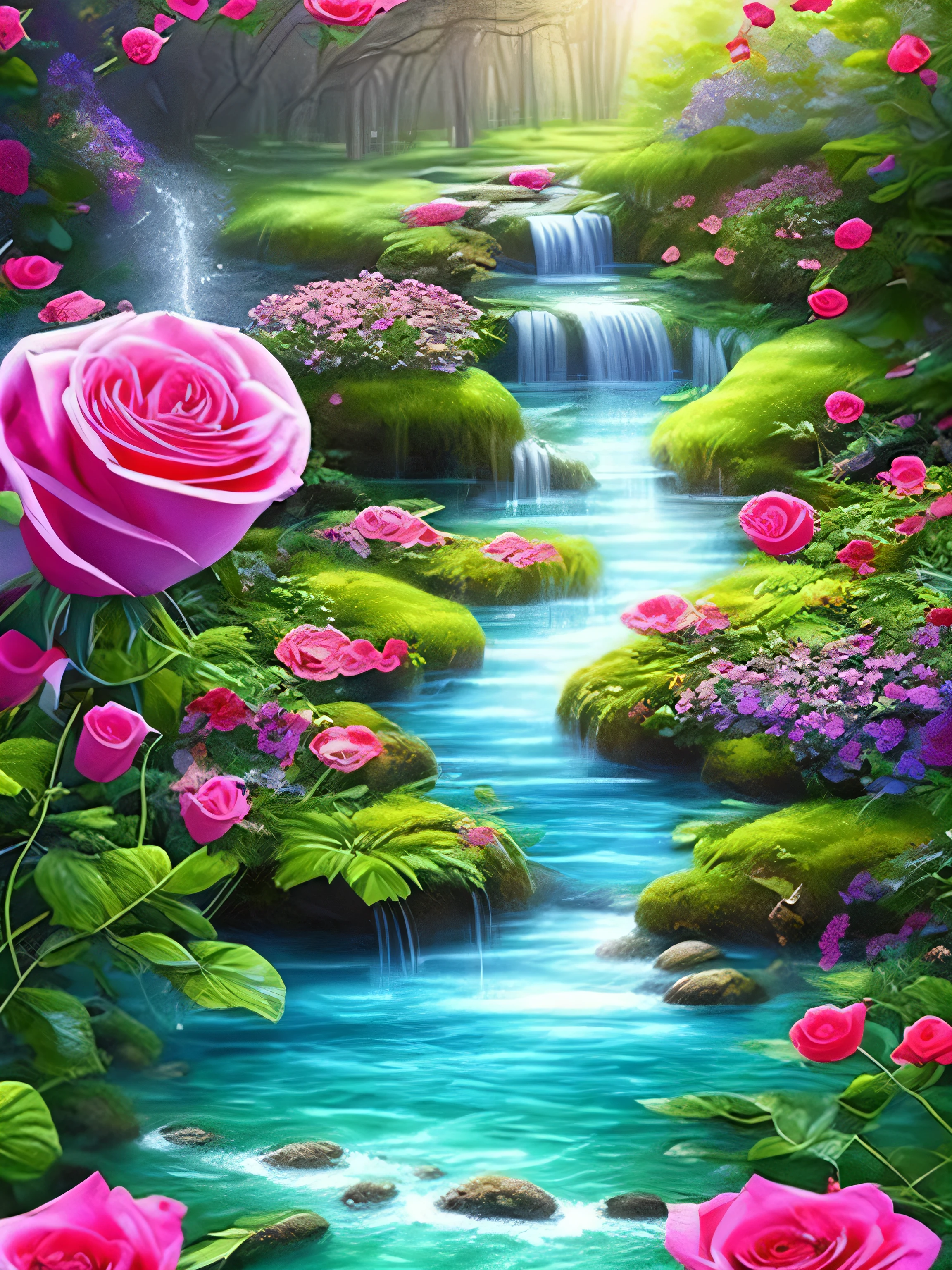 Natural water, garden, rose, magic, Spirituality, Mysterious water springing from the ground, Beautiful art, Fantasy Art --Automatic