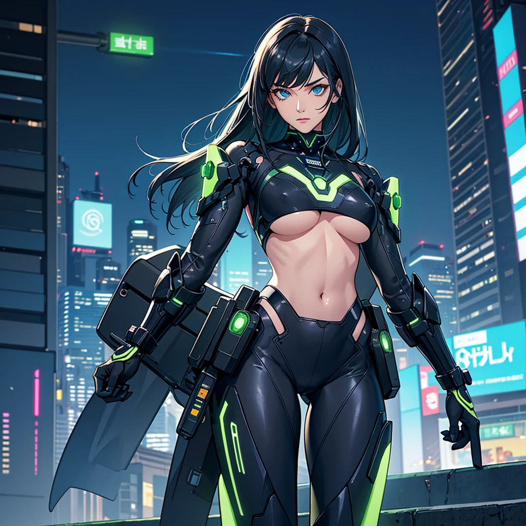 girl, Gazing into night city,cyborg suit with green neon hilights, cute, sorrow, cyberpunk, T-back, blue eyes, hip, Moe,black hiar,Underboob,Half ass,Tanuki face