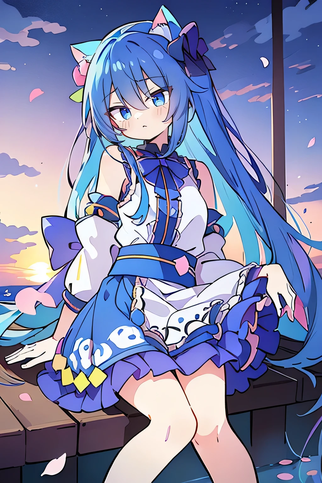 (masterpiece:1.2),Super detailed,Practical,expressive eyes,Fair skin,Perfect face shaping,1 Girl,
Japanese cartoons,Gorgeous blue hair, the long flowing blue hair,Floating clothes,Cat ears,Petals falling,beautiful lola,Young Angel,
Hands on waist,sit elegantly on the ground,Cross your legs,Gentle and peaceful background,Cool and cozy pavilion,Sunset,