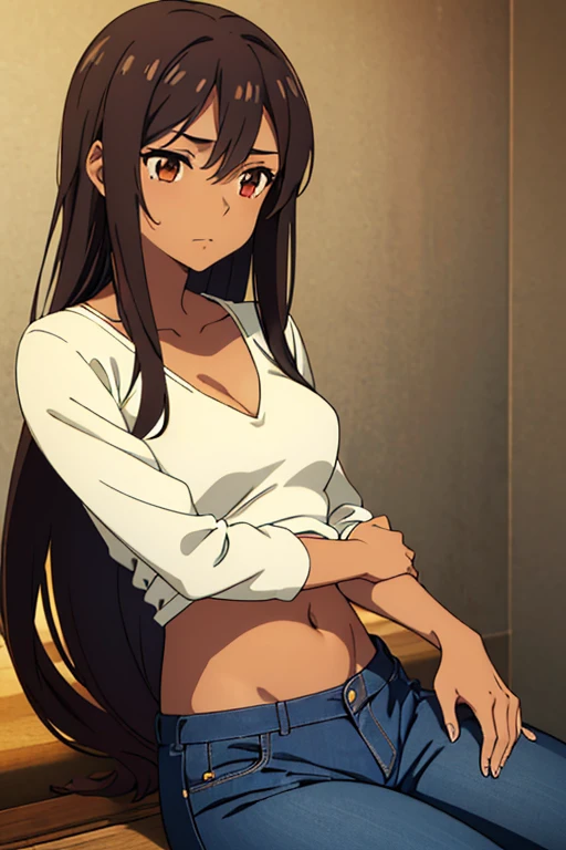 ((best quality)), ((masterpiece)), (detailed), perfect face, brown skin anime girl in a deep V Neck front-tie top, (bare shoulders), (jeans trousers), famished in hunger, (gently resting hands on stomach), (long hair), (hands on her stomach)