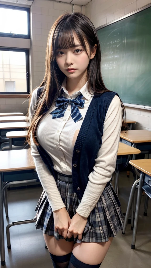 muste piece, best quality, illustration, Super detailed, fine details, High resolution, 8K,wall paper, perfect dynamic composition,(Details High quality, realistic depiction of eyes:1.3), High School Classroom、High school girl uniform、Cardigan、Super Short Check Uniform Skirt、Navy blue high socks、garterbelts、Colossal tits、Disturbed uniform、, black hair color, Big Natural Color Lip, bold sexy pose, (perfect body shape), crying a little、cold gaze, Harajuku style、20 year old girl、cute type, beautiful legs, hposing Gravure Idol, Voluptuous thighs