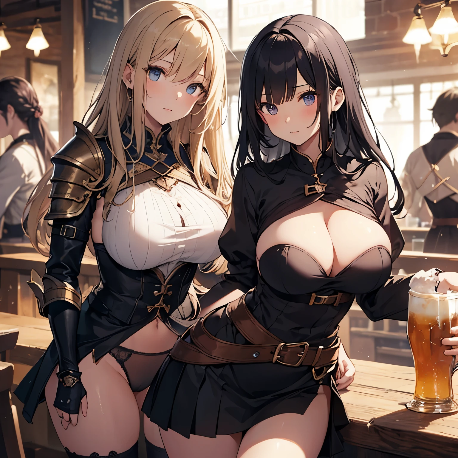 A group of female adventurers set in a medieval fantasy world, (At the pub), Mr.々Hair style, Harem, night, Detailed aspect, Short skirt, Seduce, No sleeve, armor 、showing off panties、Huge Breasts、Big Ass、wide waist width、Pulling up her skirt