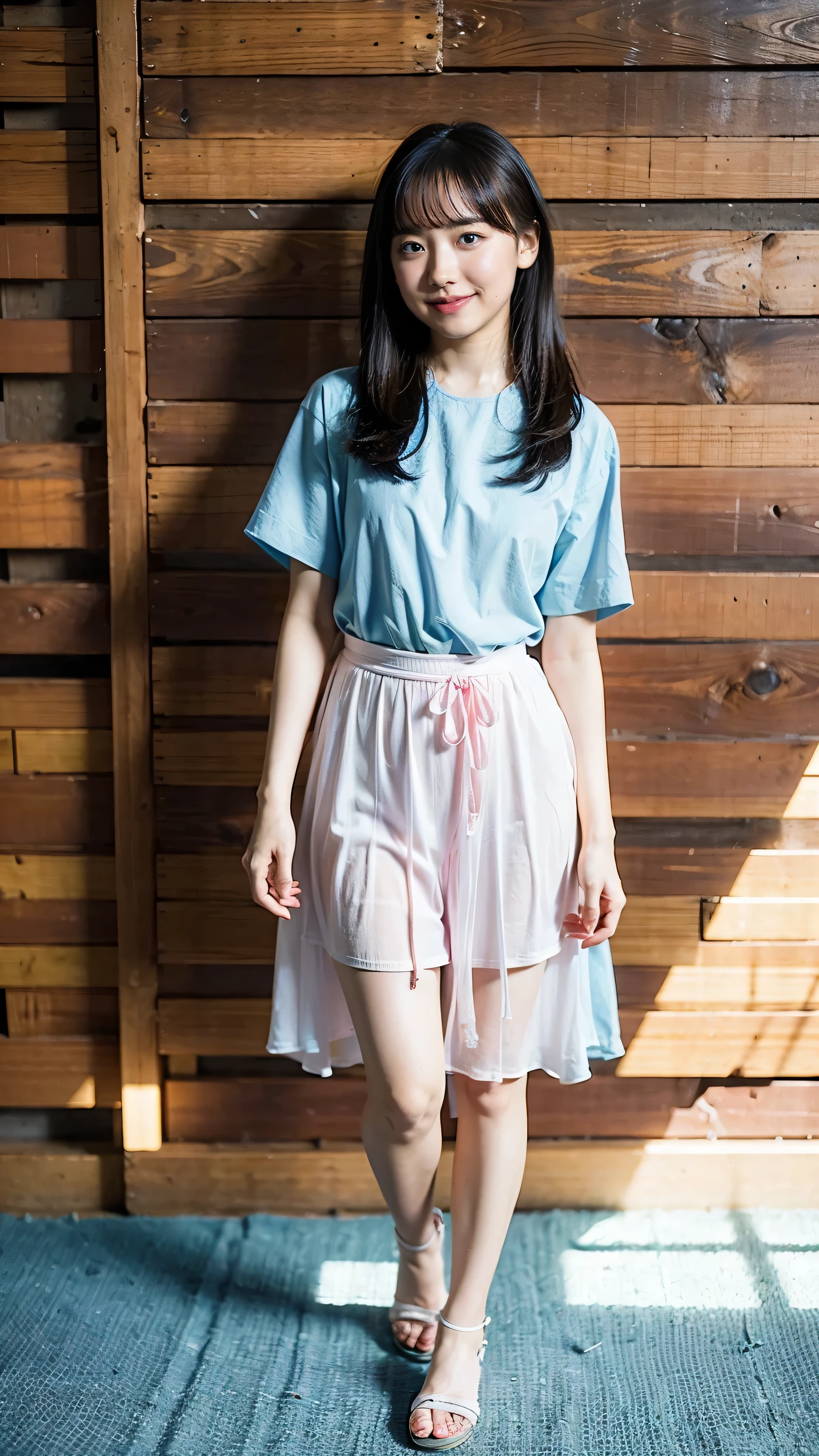 (8k、RAW Photos、highest quality、masterpiece:1.2)、(Realistic、Realistic)、1 girl、((Sandals、See-through、mini skirt、pastel colour、Casual dress、、Large Breasts、View from the front、smile、Are standing))、Lots of eyelashes、Glowing eyelids、skeletally correct