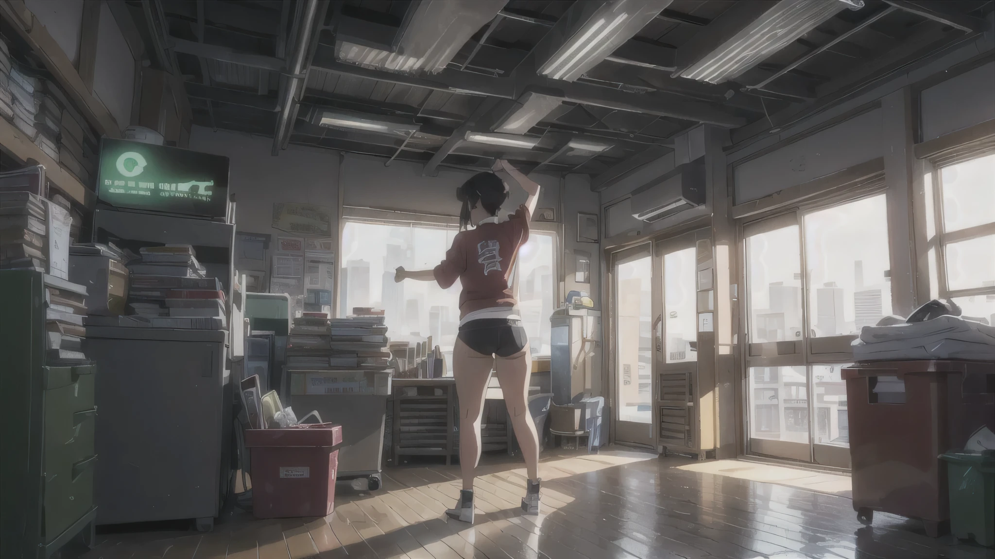 The Wind of Sincerity, anime, after the rain, Moving visual effects, Natural glare. Cute Woman, (((Thick thighs)))、A 20-year-old with a gentle face,Exposed female genitalia, ,The crotch is exposed,Tanned girl、short hair,Baby Face,,Put your arms behind your back. Cyberpunk style cluttered room. more neon. Many machines with unknown uses. Large windows with an open feel. It's sunny outside.