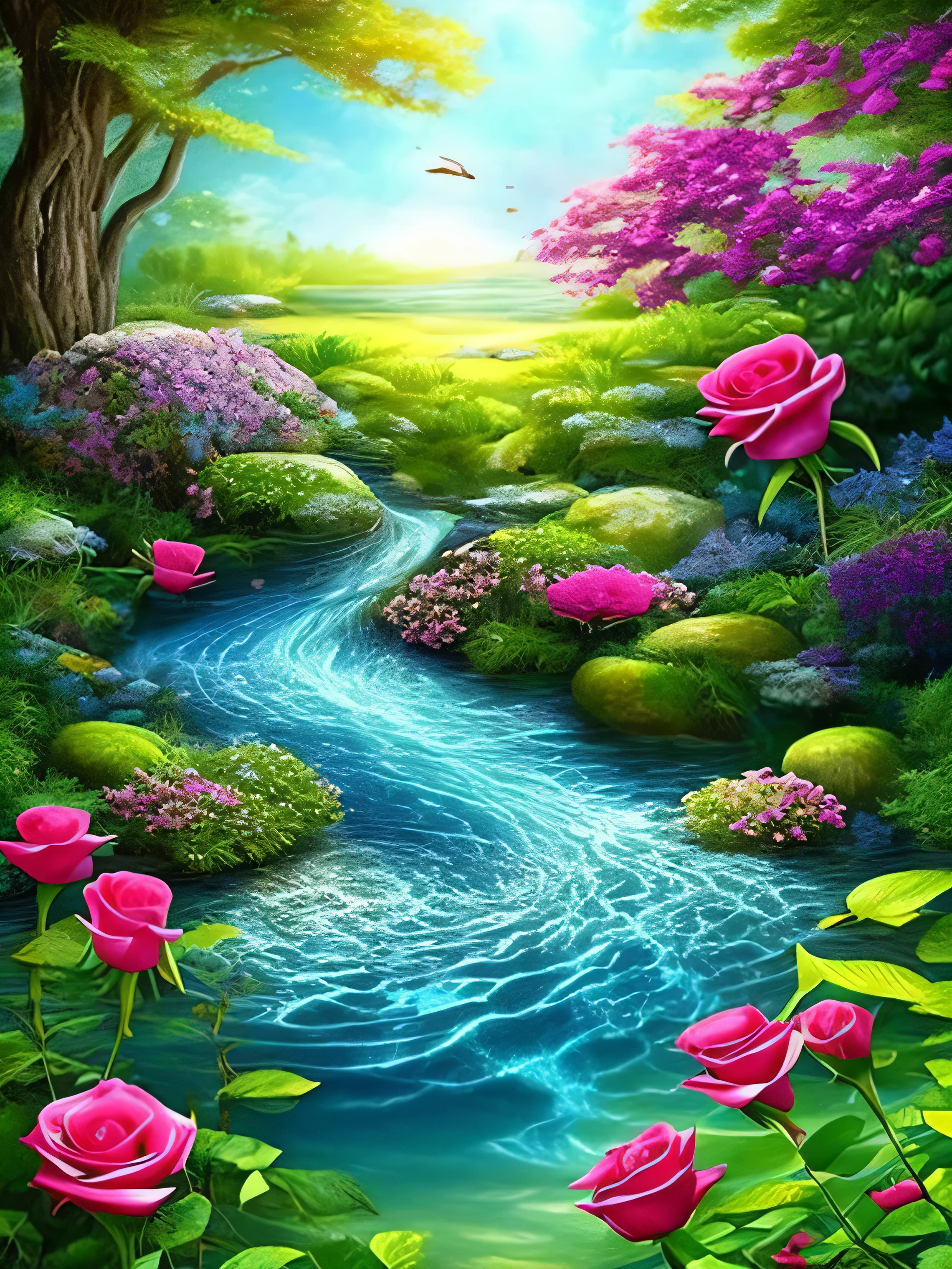 Natural water, garden, rose, magic, Spirituality, Mysterious water springing from the ground, Beautiful art, Fantasy Art --Automatic