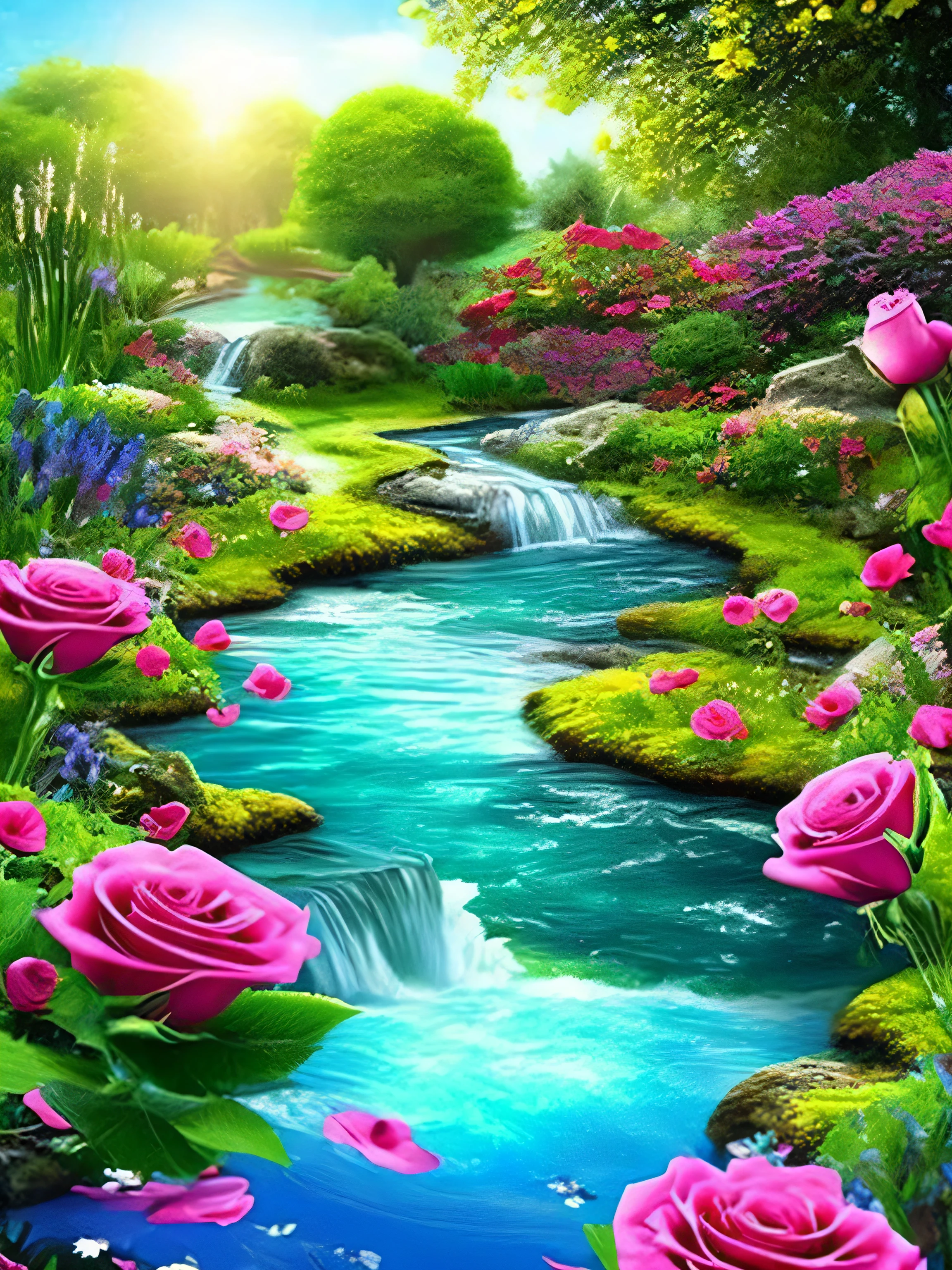 Natural water, garden, rose, magic, Spirituality, Mysterious water springing from the ground, Beautiful art, Fantasy Art --Automatic