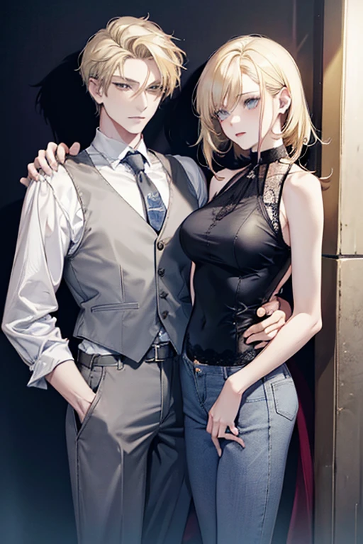 Hermosa chica rubia muy sexy con tetas muy pero que muy grandes, enormes. Facing the wall and only with an open white shirt and with a handsome boy behind him holding him by the waist.