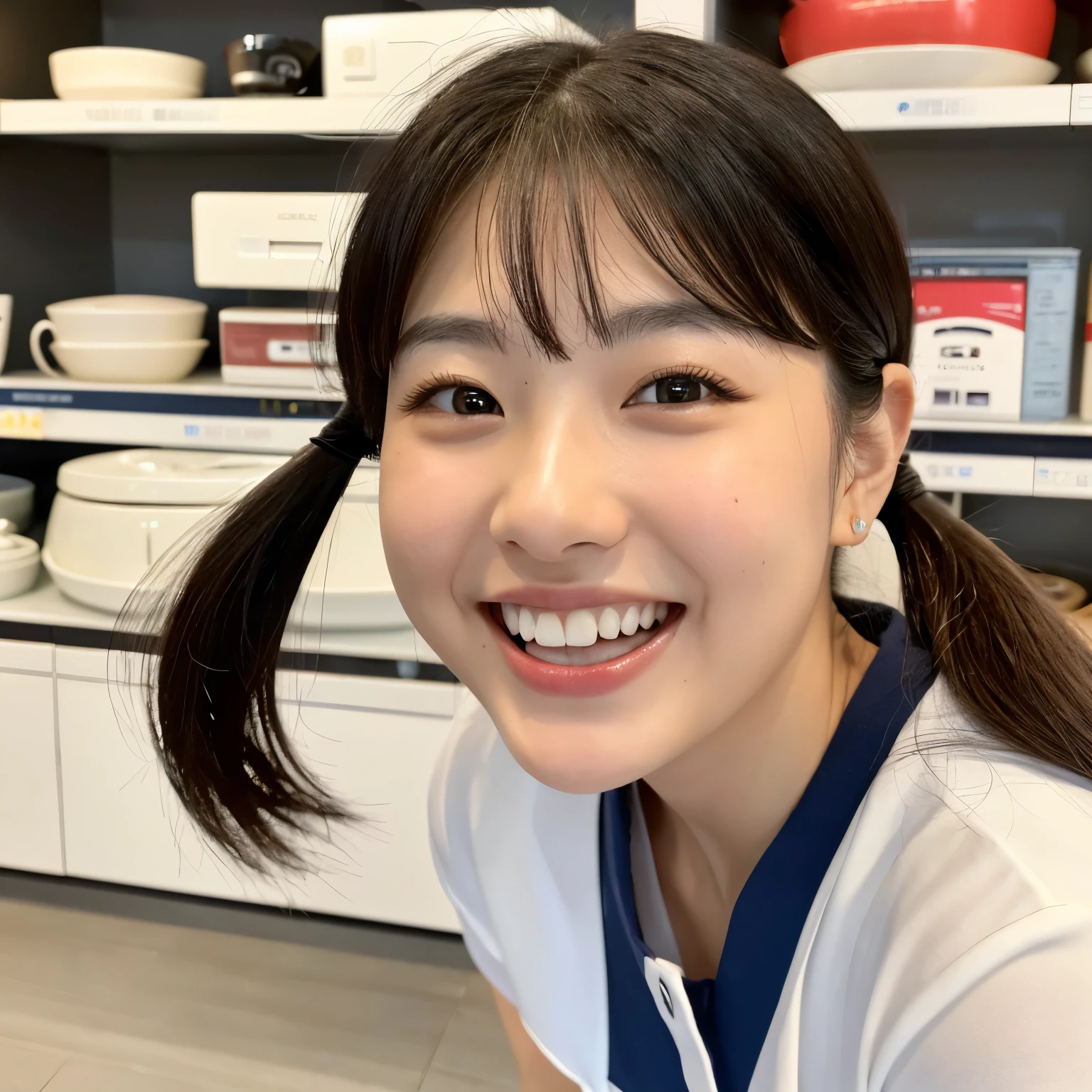 (highest quality, 8k, 32k, masterpiece, Ultra-high resolution:1.2),Beautiful Japanese Women Photos、alone、1 girl、healthy、Glowing Skin, Shallow depth of field、Contrasting、Professional Model、look forward to、Overbyte、mouth half open、blush:2.5、Random hairstyles for short hair、Black Hair、Face close-up、Portraiture、Teeth are visible、Big Mouth、Droopy eyes、Round face、Multiple moles、Fair skin、A lively 24-year-old、Brown eyes、Big smile、(Chubby) 、Profession:Salesperson at a home appliance retail store、Wearing uniform、Inside the store