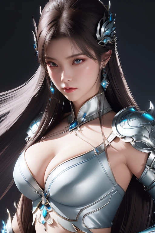 a close up of a woman in a silver and blue croptop armor, chengwei pan on artstation, by Yang J, detailed fantasy art, stunning character art, fanart best artstation, epic exquisite character art, beautiful armor, extremely detailed artgerm, detailed digital anime art, artgerm on , rim lighting exposed cleavage