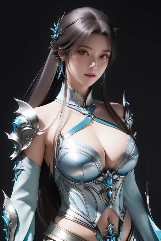 a close up of a woman in a silver and blue croptop armor, chengwei pan on artstation, by Yang J, detailed fantasy art, stunning character art, fanart best artstation, epic exquisite character art, beautiful armor, extremely detailed artgerm, detailed digital anime art, artgerm on , rim lighting exposed cleavage 