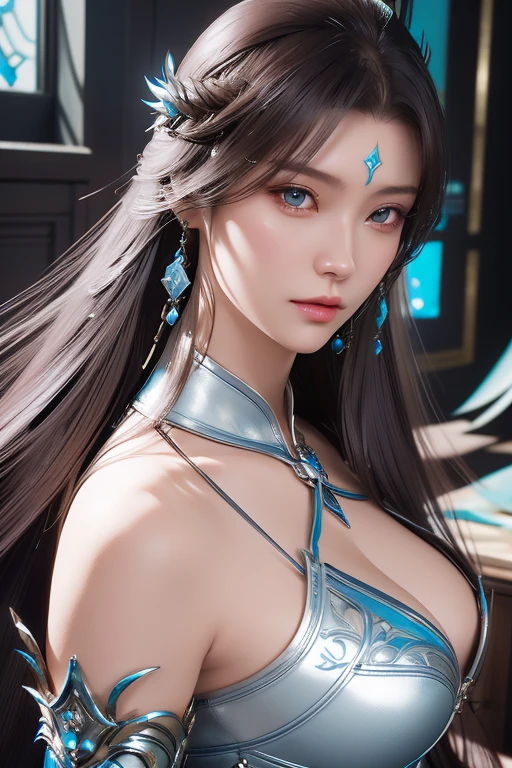 a close up of a woman in a silver and blue croptop armor, chengwei pan on artstation, by Yang J, detailed fantasy art, stunning character art, fanart best artstation, epic exquisite character art, beautiful armor, extremely detailed artgerm, detailed digital anime art, artgerm on , rim lighting exposed cleavage