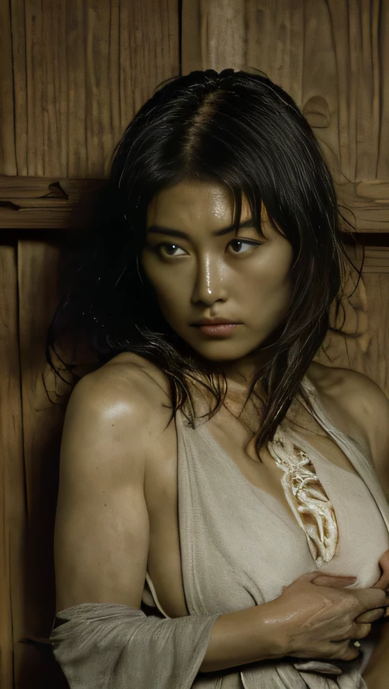 Deep valley ((Dark concrete walled basement)) (wet disheveled hair) slave (((sad))) Extra long hair Detained Chained ((Japanese )) ((Cloth in rags)) ((Reality)) ((Depressed)) ((Native Japanese)) (Real Face No makeup)Detained by rope Dirty white loincloth Crucifixion ((Crucifixion)) ((Poor Mother)) ((Big Br