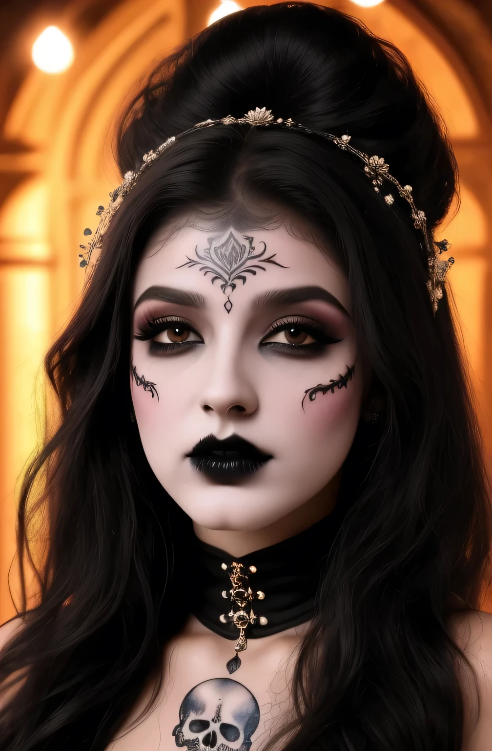bela mulher jovem com pele perolada, olhos castanhos, Gothic style, roupas coloridas brilhantes, black lips, skull tattoo on shoulder, de boa qualidade 4k, 8k,
