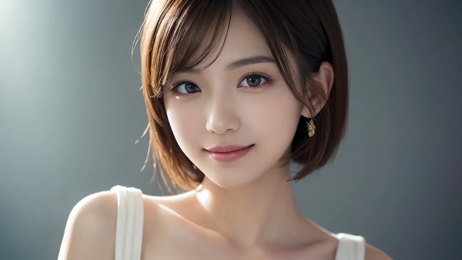 One Girl, (Dress in trendy fashion:1.2), (RAW Photos, highest quality), (Realistic, Photorealistic:1.4), Tabletop, Very delicate and beautiful, Very detailed, 2k wallpaper, wonderful, In detail, Very detailedな CG Unity 8K 壁紙, Very detailedな, High resolution, Soft Light, Beautiful detailed girl, looking at the camera、Very detailedな目と顔, Beautifully detailed nose, Beautiful fine details, short hair, small, Black Suit、White background、Background is white、Cinema Lighting, Perfect Anatomy, Slender body, smile,