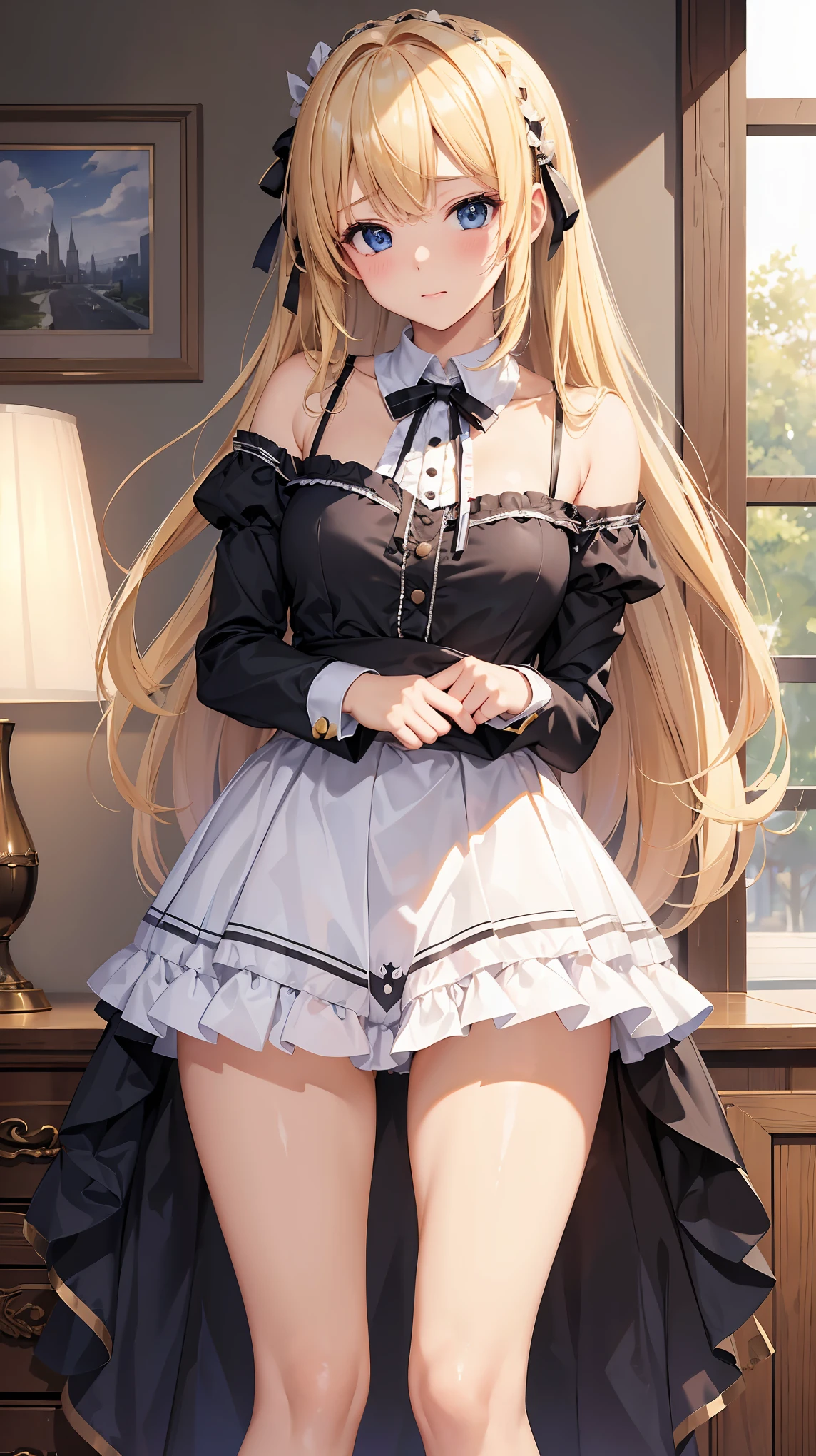 ((highest quality、High resolution、masterpiece))、Blonde、Cosplayer Beautiful Girl、skirt、Embarrassed face、((She shows her panties))、I&#39;m tempting you、I'm inviting you to have sex