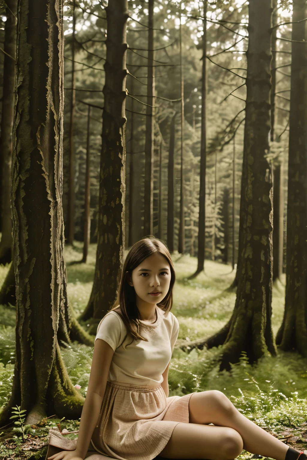 cloA girl sitting on the grass in the forest