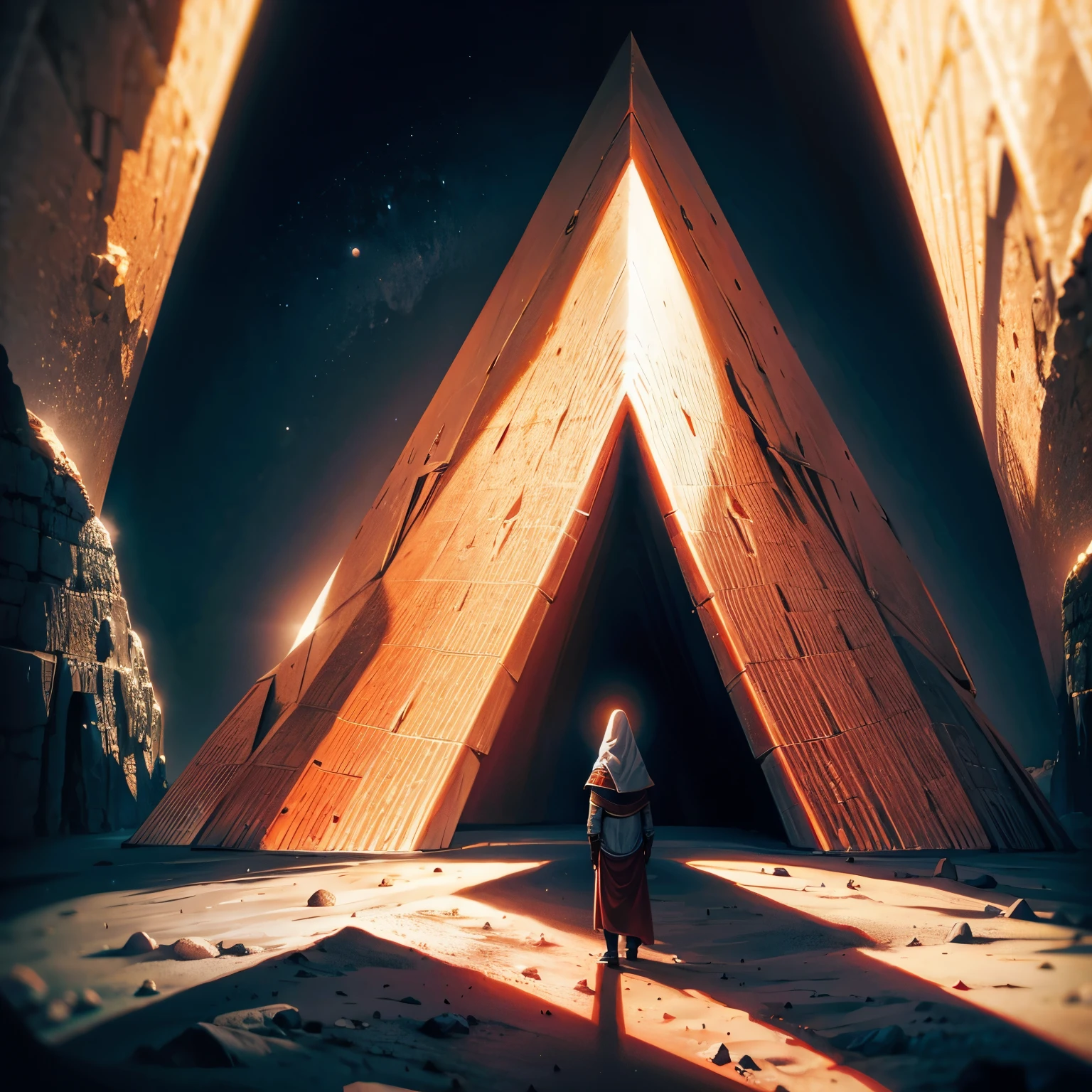  red Egypt Pyramid center on moon surface, one king man seat on the front, clear atmosphere, minimal photography visual, detai, moon surface  