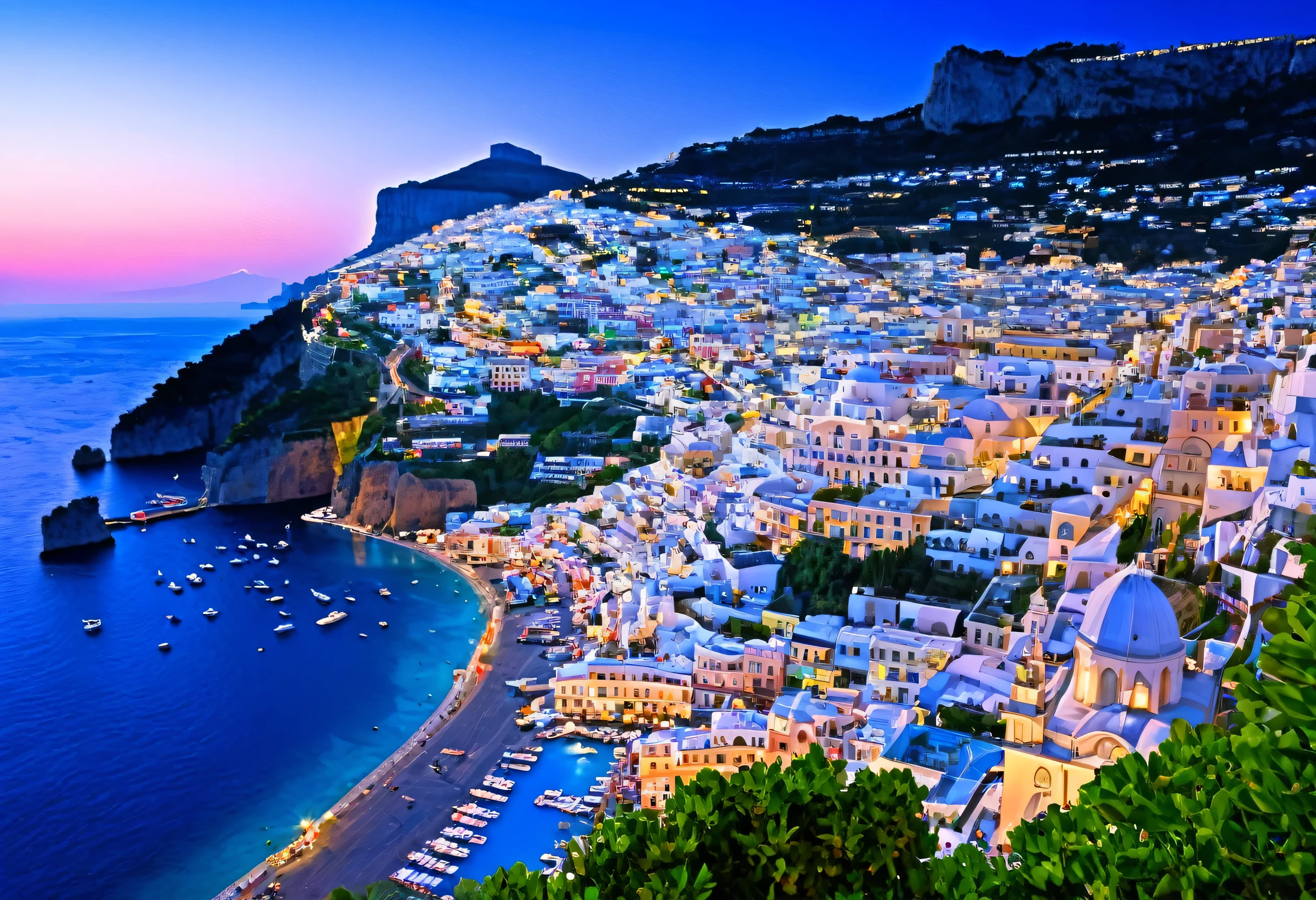 Alafed view of the town with church and water area, italian Mediterranean city, Italy, Mediterranean city, Naples, Mediterranean island scenery, Very beautiful, Capri Coast, fantasy Italy, gulf of Naples, Beautiful high resolution, Mediterranean vista, Great images, Shutterstock, Santorini, Southern European landscape, trend, Very beautiful, Night setting, Mediterranean