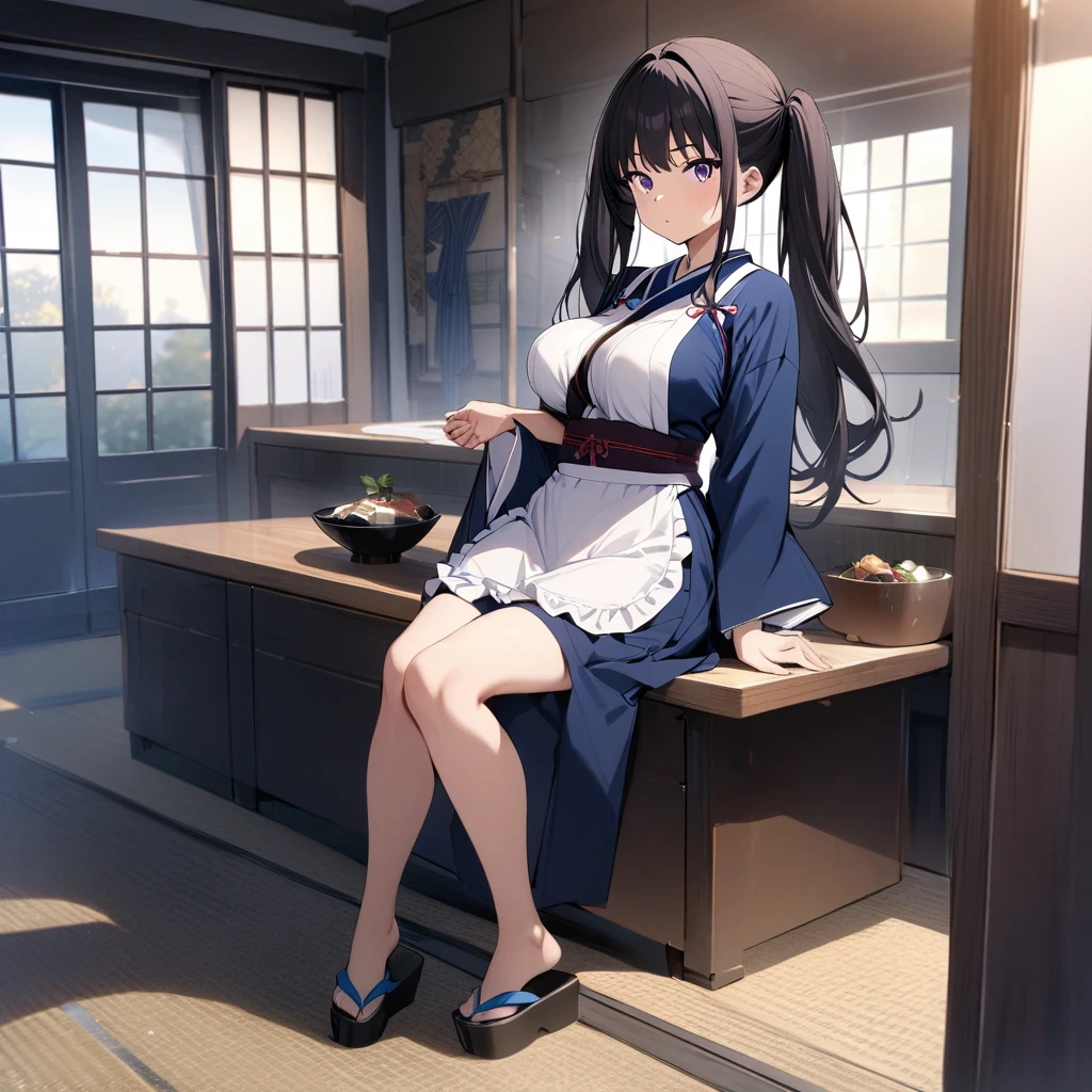 masterpiece, best quality, very aesthetic, absurdres, 1girl, inoue takina, lycoris recoil, long hair, bangs, twintails, black hair, (purple eyes:1.2), japanese clothes, kimono, apron, waist apron, blue kimono, waitress, Sitting, (between breast:1.3), full body