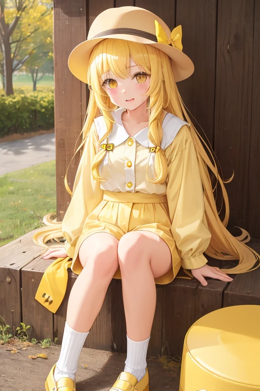 1girl, long yellow hair, cute face, yellow eyes, brown french hat, yellow shorts, brown top, long sleeves, drooling, white socks, yellow mary janes, buttons, yellow dog ears, yellow dog tail