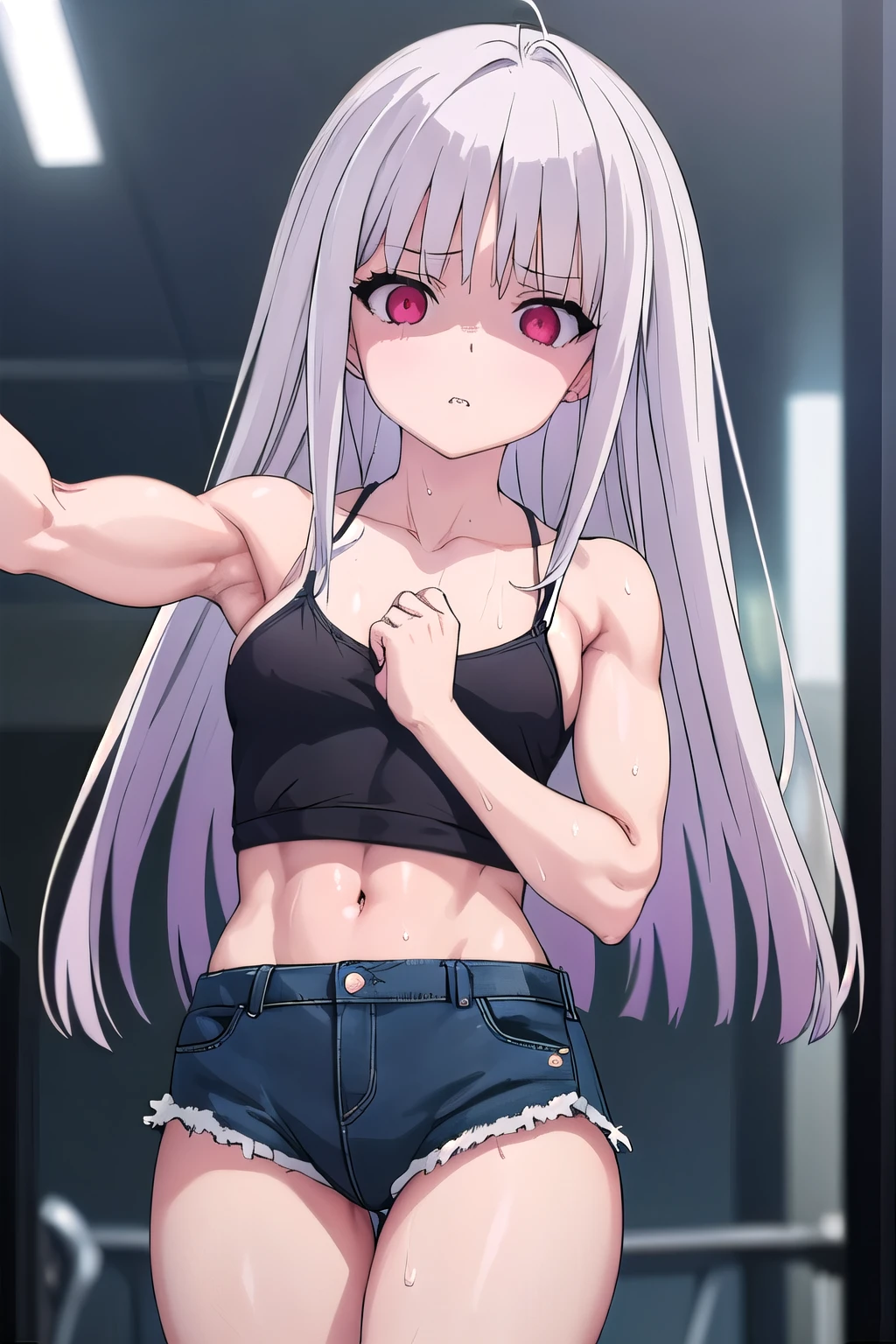 masterpiece, best quality, ultra-high-detailed, Disgusted face, white hair, red eyes, sigtuna julie , medium breast, looking to viewer, deep eyes , Tight thights, Fit girl, muscle girl, fit body, navel, glare, four pack, abs, sweat all over body, little muscular, muscle girl, Sweated A lot, cowboy shot , face the camera, midrifft, black crop top, black denim, in street city , front camera