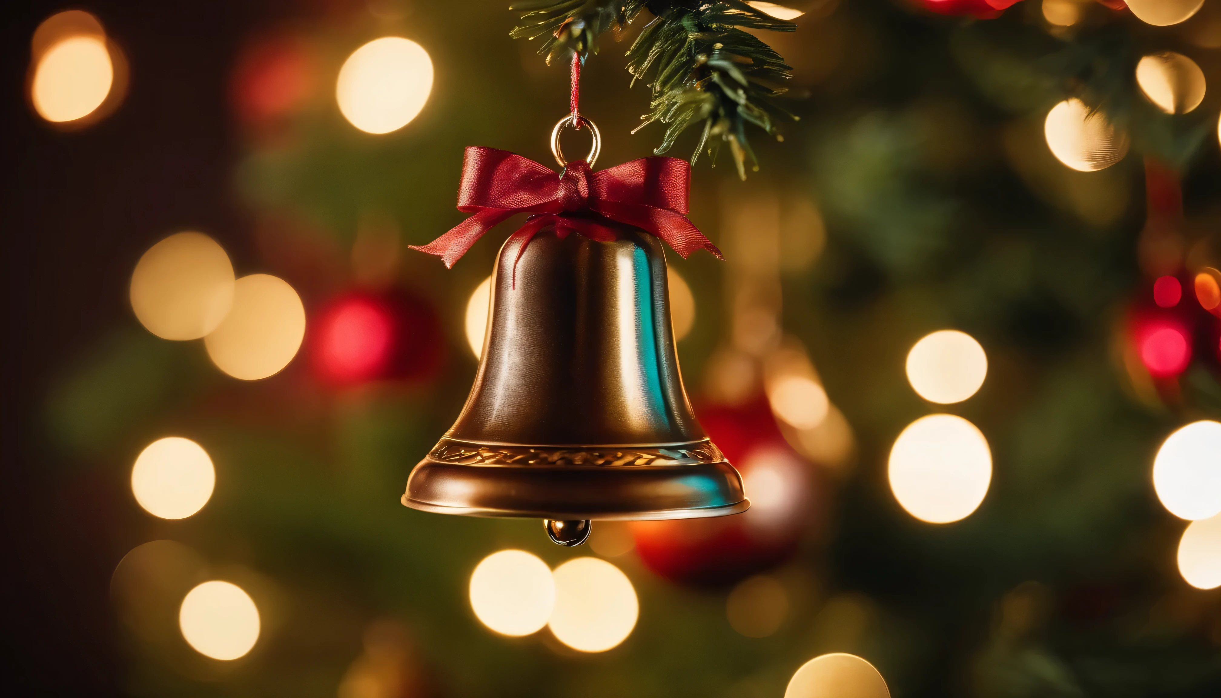 a colorful christmas bell hanging on a christmas tree