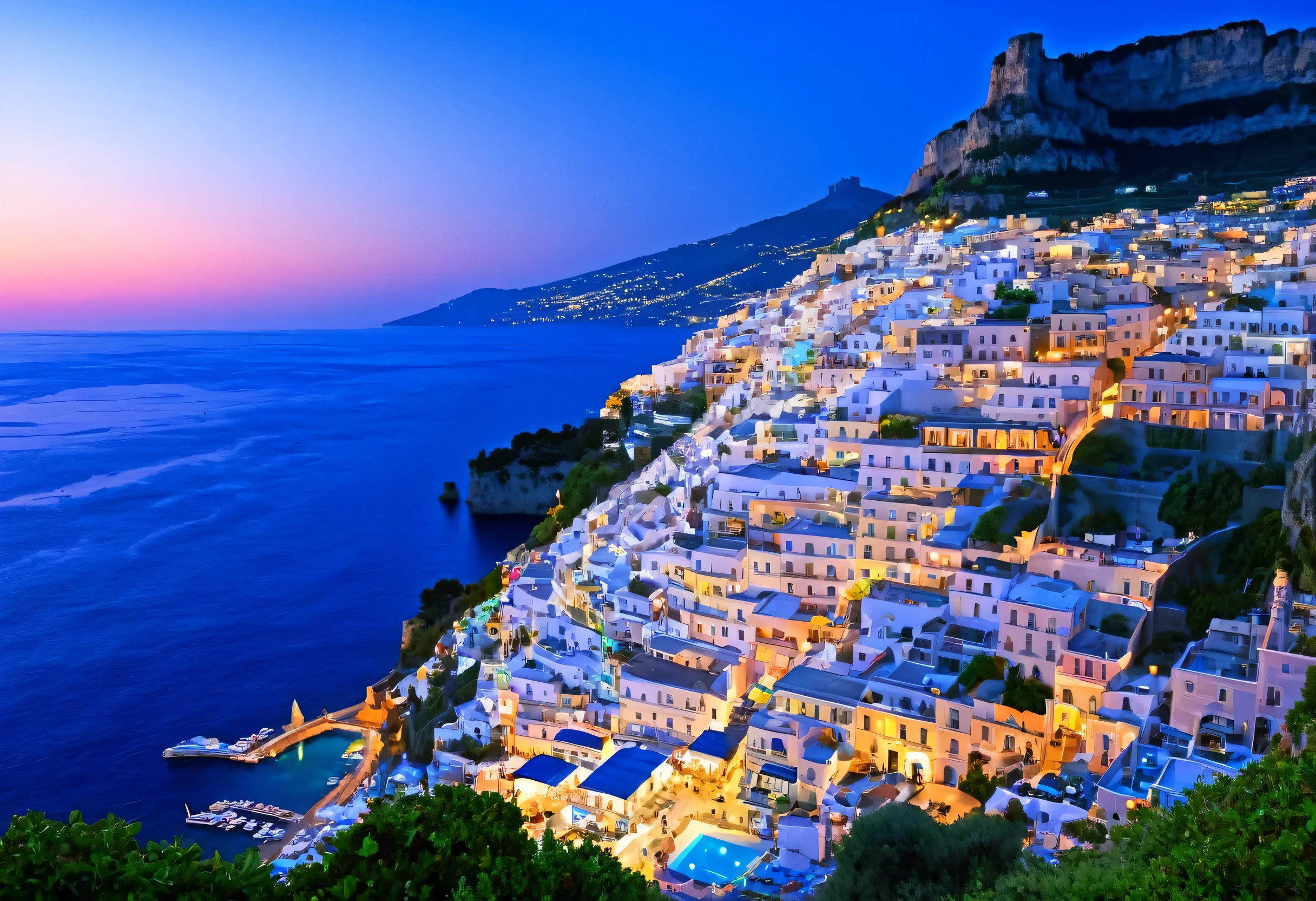 Alafed view of the town with church and water area, italian Mediterranean city, Italy, Mediterranean city, Naples, Mediterranean island scenery, Very beautiful, Capri Coast, fantasy Italy, gulf of Naples, Beautiful high resolution, Mediterranean vista, Great images, Shutterstock, Santorini, Southern European landscape, trend, Very beautiful, Night setting, Mediterranean