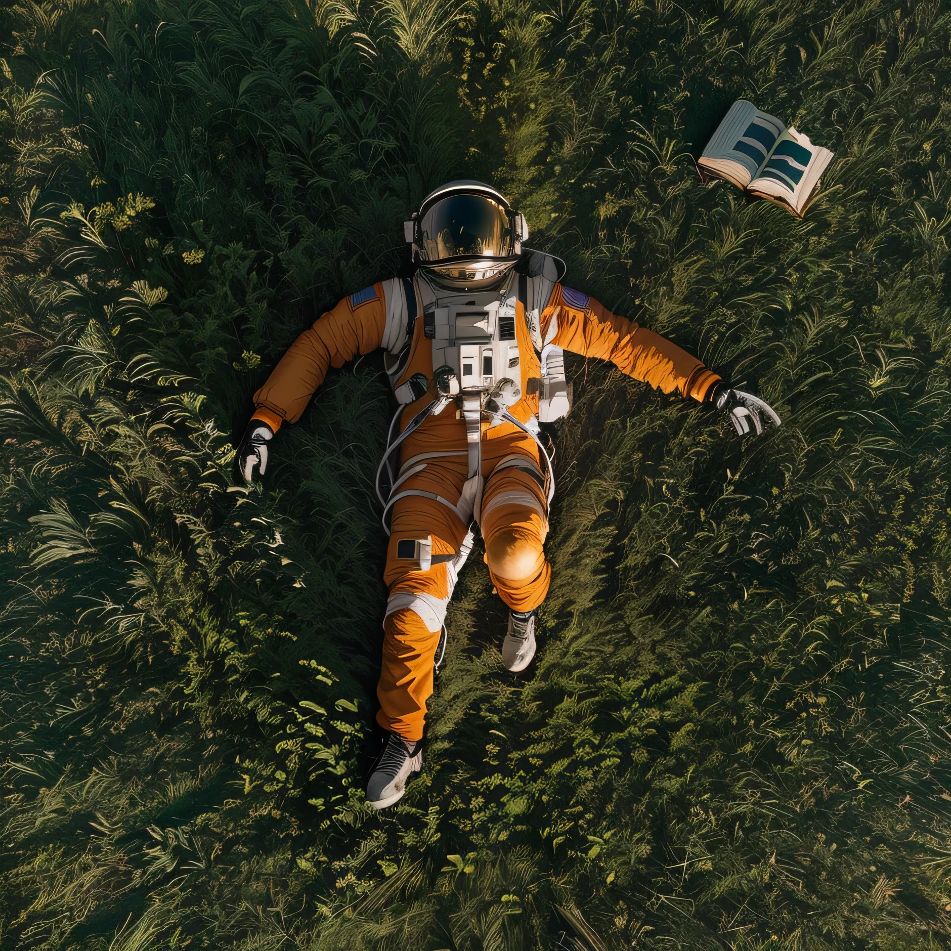 an astronaut in a space suit lying on the grass with a book on which the word is read "caddi", astronaut, An astronaut relaxing in space, Flotando en el espacio exterior, flotando en el espacio, flotando en el espacio, inspirado en Scott Listfield, astronauta detallado, astronaut, astronauta varado en el planeta, an astronaut flotando en el espacio, retrato de un astronauta ia, en una pista de aterrizaje, astronauta perdido en el espacio liminal