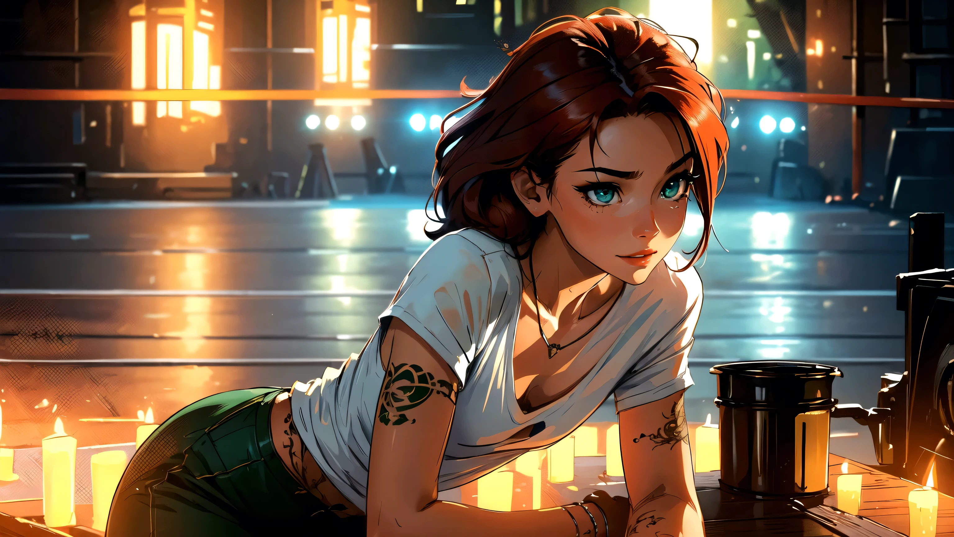 high resolution, Soft light,1womanl, Solo, Hips up, (Detailed face),tattoo, jewelry, t-shirt with rough chest, Beautiful soldiers, Grab the audience's eye, Lover's perspective, Invitation expression, Sexy smile, Perfect style, Perfect balance, Detailed skin, mischievous gaze, chest visible,red hair ,green eyes (super detailed hair)