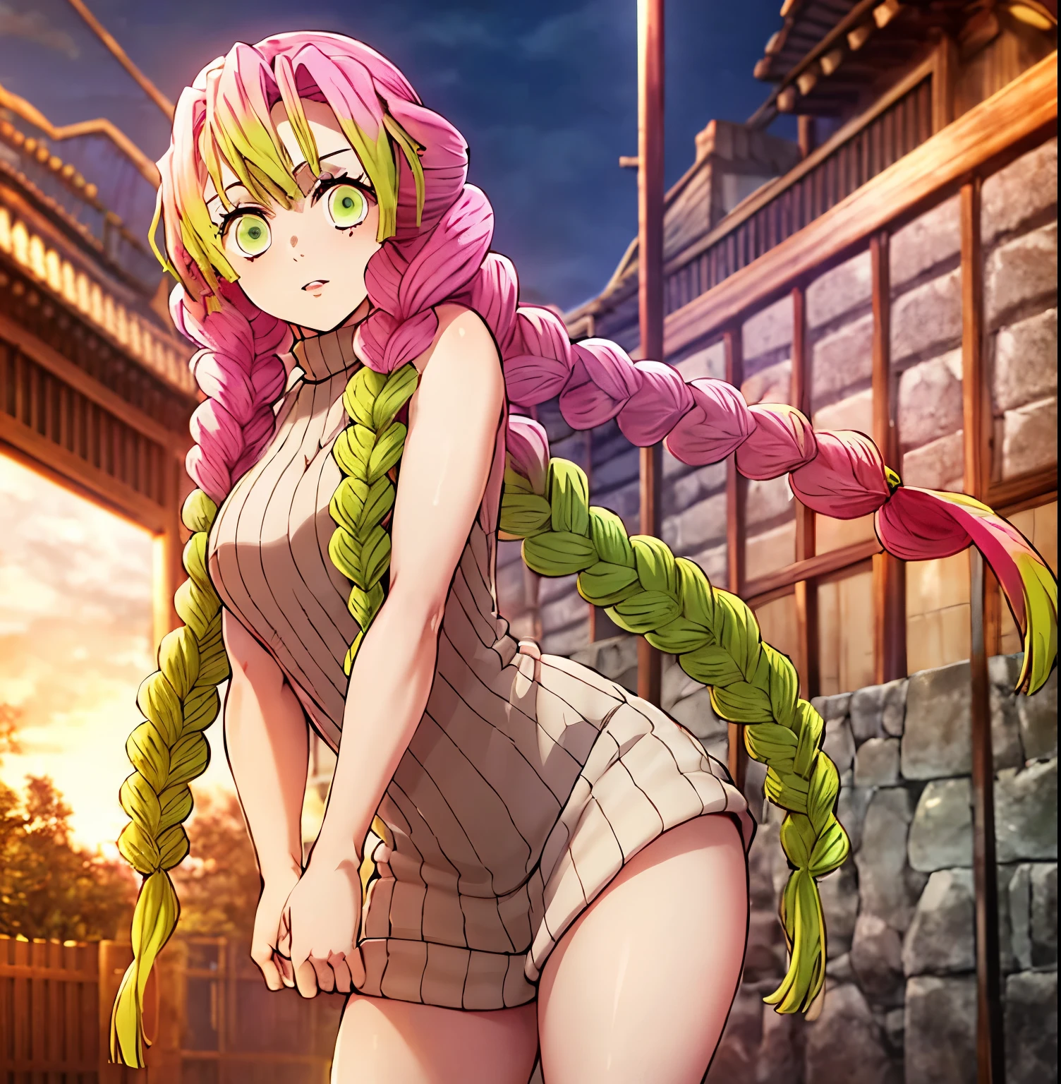 1girl, alone, mitsuri kanroji,masterpiece, best quality, highres, aamitsuri, long hair, braid, multicolored hair, green eyes, mole under eye, large breasts, sweater dress, ribbed sweater, virgin killer sweater, turtleneck, sleeveless, bare arms, outdoors, standing, night, street, perfect hands, perfect anatomy ,(sexual), 1 girl, (gradient hair color), (long hair), seductive expression, sensual face, green eyes, (erotic),