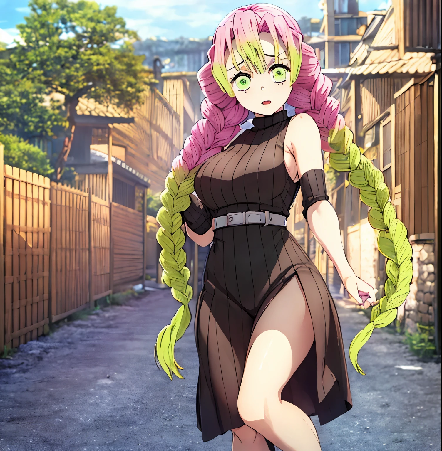 1girl, alone, mitsuri kanroji,masterpiece, best quality, highres, aamitsuri, long hair, braid, multicolored hair, green eyes, mole under eye, large breasts, sweater dress, ribbed sweater, virgin killer sweater, turtleneck, sleeveless, bare arms, outdoors, standing, night, street, perfect hands, perfect anatomy ,(sexual), 1 girl, (gradient hair color), (long hair), seductive expression, sensual face, green eyes, (erotic),