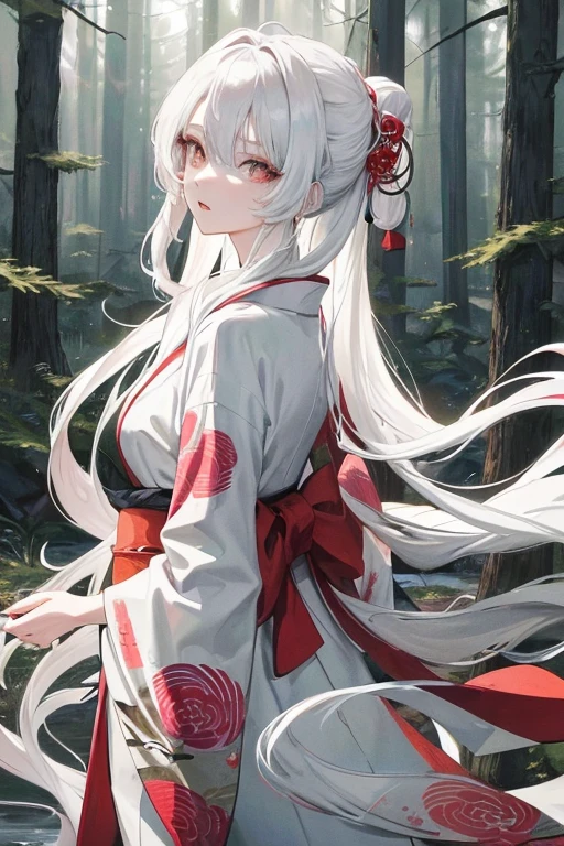 A tall Japanese woman, with long flowing white hair, stands before a dark forest scene. Dressed in a stunning white and red kimono, her expression is expressionless, sky-gray eyes shining without a trace of emotion. The intricate design of her kimono is equally captivating, the white fabric contrasting beautifully with the vibrant and bold red tones. The overall art style reminisces of 2D anime aesthetics, with every line and curve meticulously designed to capture the essence of traditional Japanese aesthetics. Her long, flowing white hair cascades down her back, blending perfectly with the forest, while her striking gaze seems to penetrate the depths. The woman is