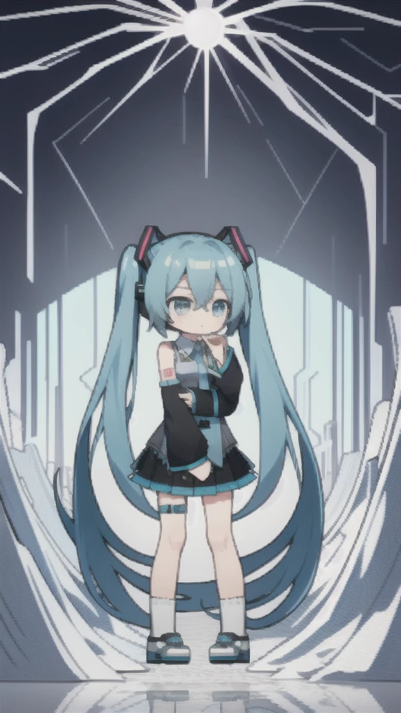 masterpiece, best quality, chibi, 1 girl,  miku, Hatsune Miku, (full body), simple background,rain,monochrome