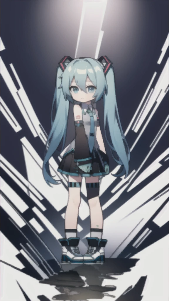 masterpiece, best quality, chibi, 1 girl,  miku, Hatsune Miku, (full body), simple background,rain,monochrome