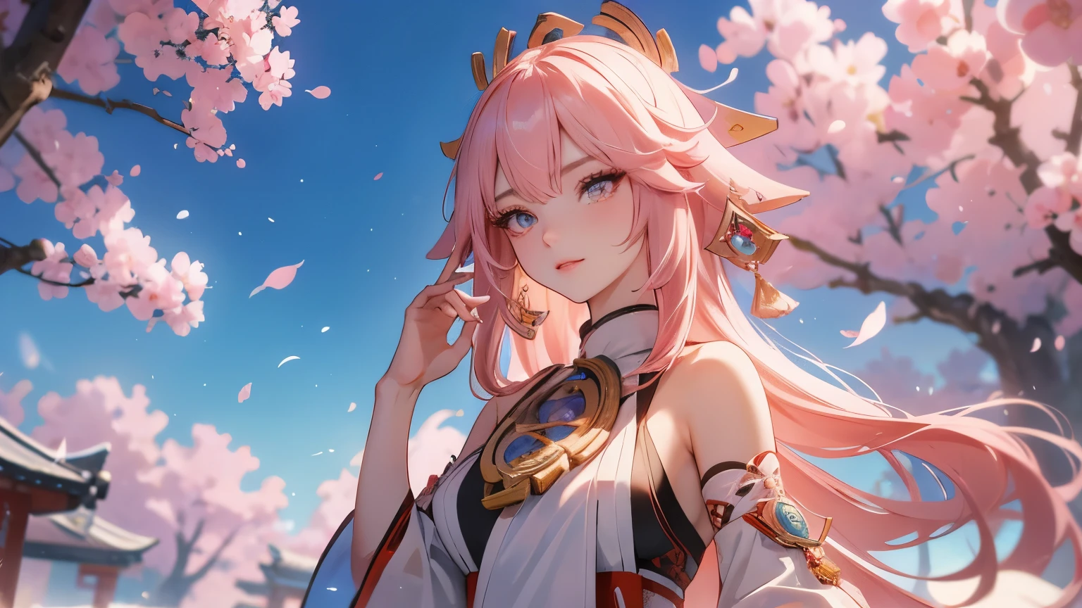 Hair ties, Falter, Long eyelashes, Round eyes, A light smile, Ear brush, tooth, Surrealism, Cast a Shadow, Anaglyph, Stereogram, tachi-e, throw, Atmospheric perspective, 8k, Super Detail, Accurate, highest quality，girl，((Yae Miko in Genshin，Genshin Impact)), Cherry blossom petals surround her, Best Anime，桜の木の前で剣を持っている長い髪のアニメのgirl, anime art wallpaper 4k,A little bit of side boob is visible、White shrine maiden costume
