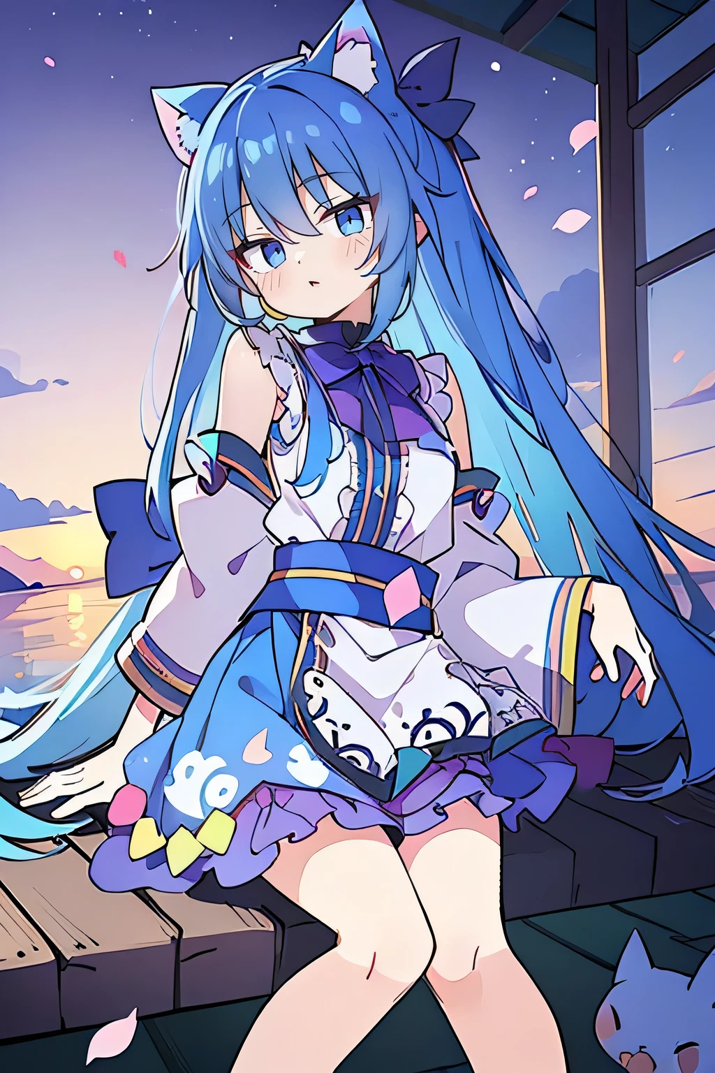 (masterpiece:1.2),Super detailed,Practical,expressive eyes,Fair skin,Perfect face shaping,1 Girl,
Japanese cartoons,Gorgeous blue hair, the long flowing blue hair,Floating clothes,Cat ears,Petals falling,beautiful lola,Young Angel,
Hands on waist,sit elegantly on the ground,Cross your legs,Gentle and peaceful background,Cool and cozy pavilion,Sunset,